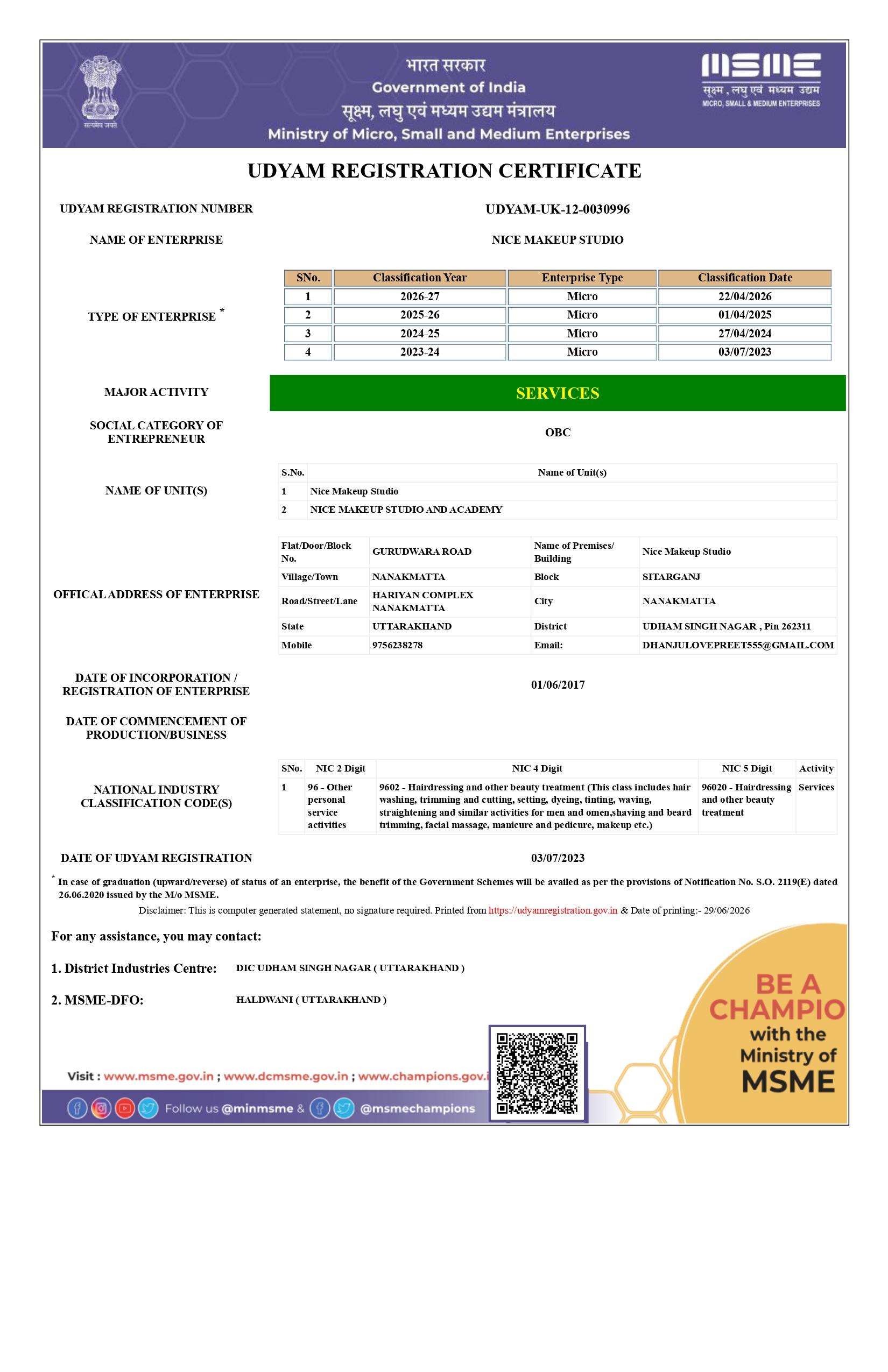 MSME Certificate - Nice Makeup & Hair Studio